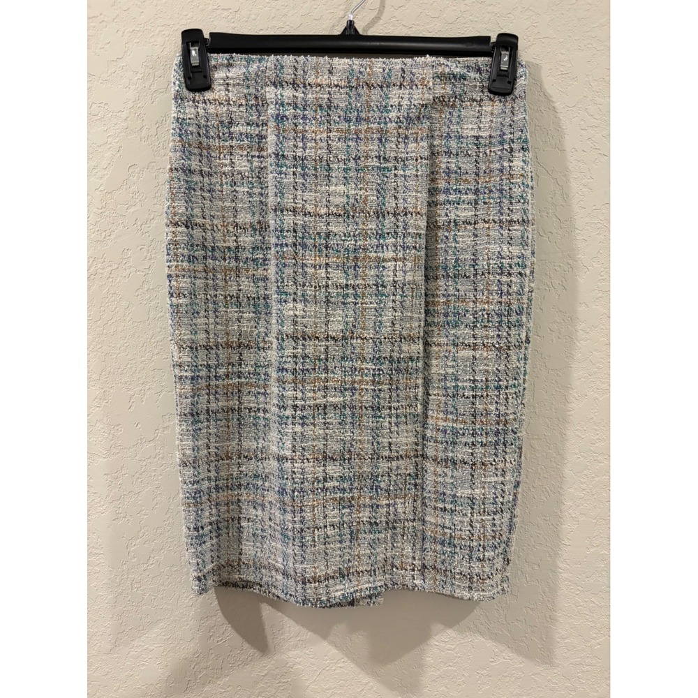 Kate Kasin Multi Color Tweed Pencil Skirt Blue Green Tan Size M